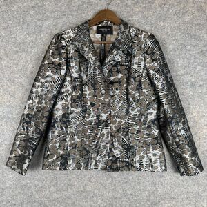 Lafayette 148 Blazer Jacket Womens 10 Shimmering Animal Print Gray Gold Designer
